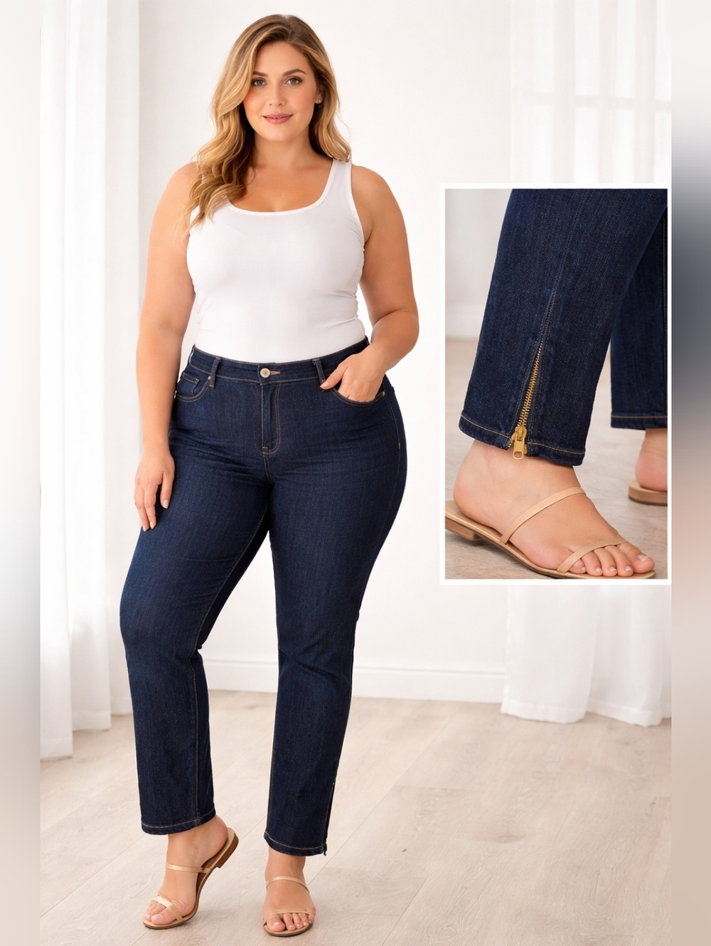 MXM Dark Wash Straight Leg Jeans with Ankle Zip